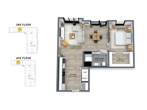 Floor plan for 1 bed, 1 bath, 819 sqft